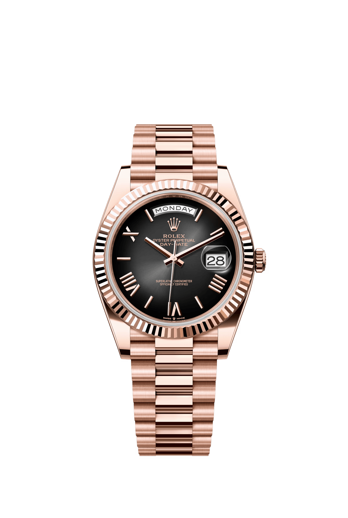 The Oyster Perpetual Day-Date 40 in 18 ct Everose gold with a grey gradient slate dial, fluted bezel and President bracelet. -m228235-0055