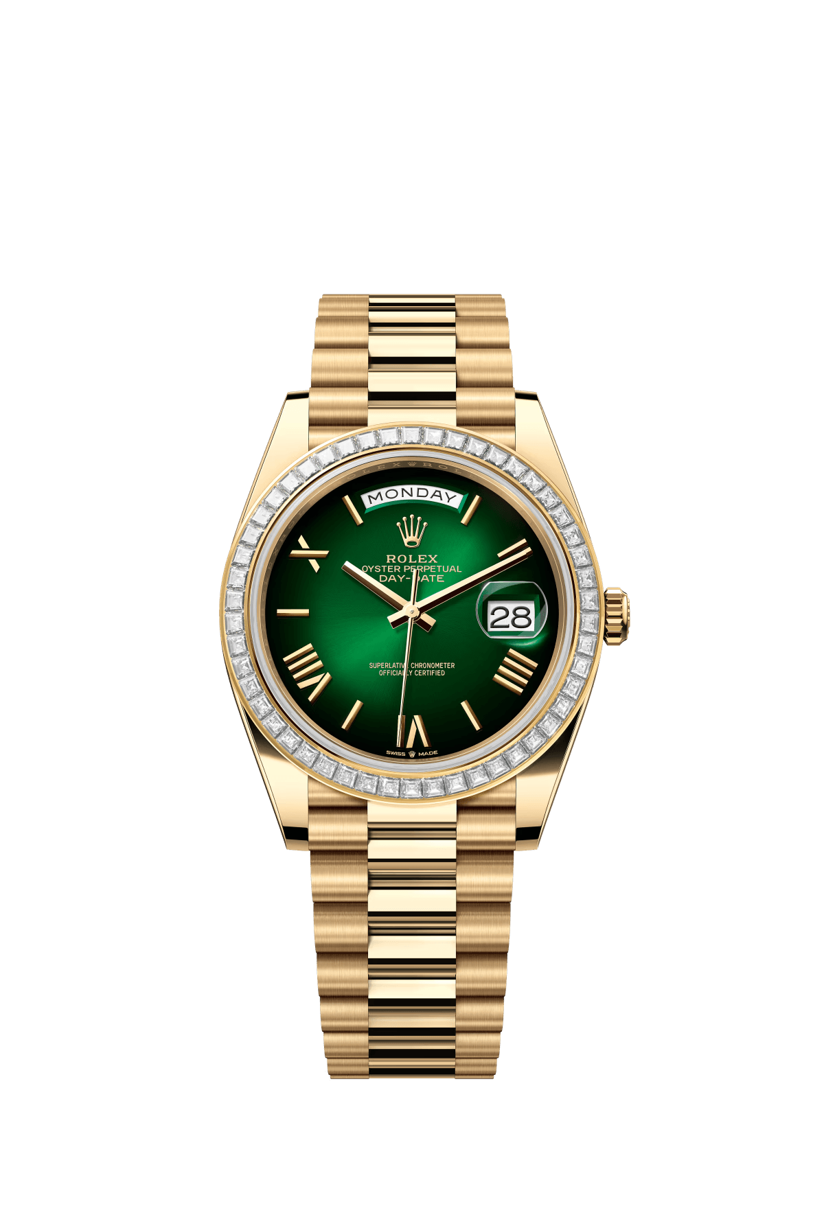 The Oyster Perpetual Day-Date 40 in 18 ct yellow gold with a gradient green dial, diamond-set bezel and President bracelet. -m228398tbr-0042