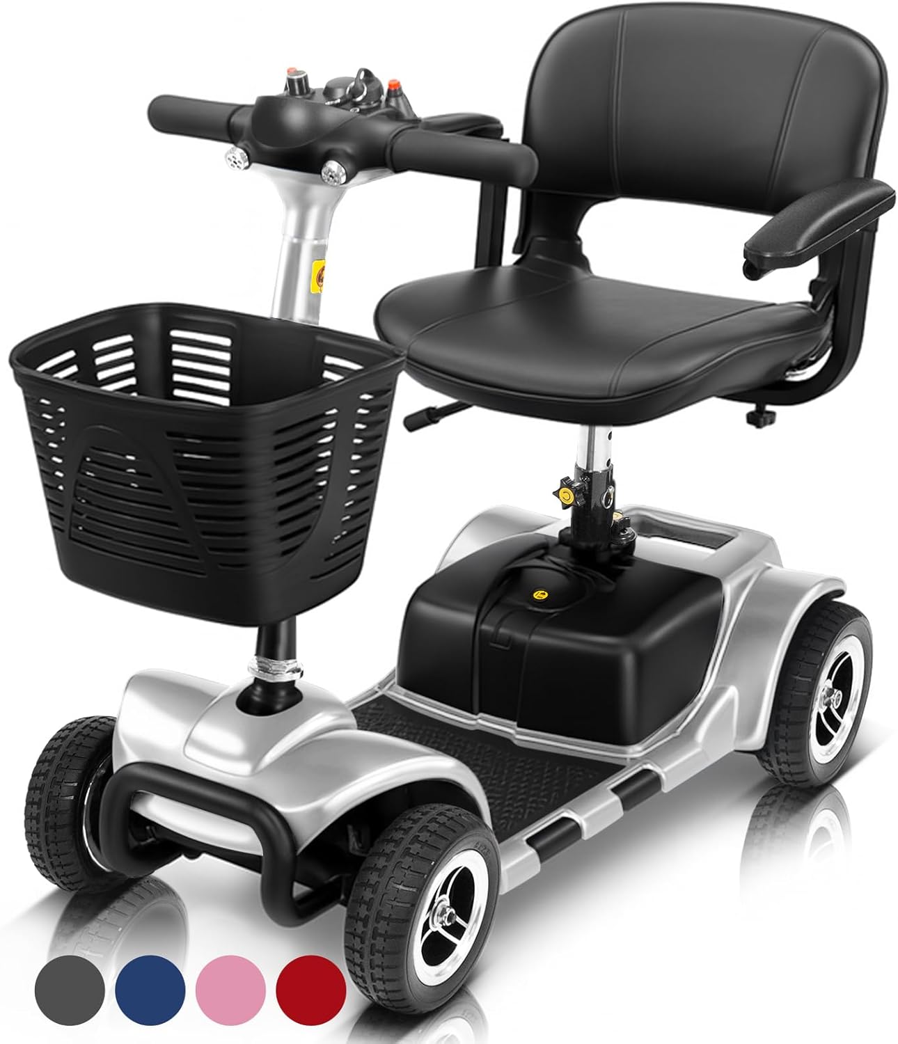 4 Wheel Mobility Scooter - Electric Powered Wheelchair Device - Compact Heavy Duty Mobile for Travel, Adults, Elderly - Long Range Power Extended Battery with Charger & Basket