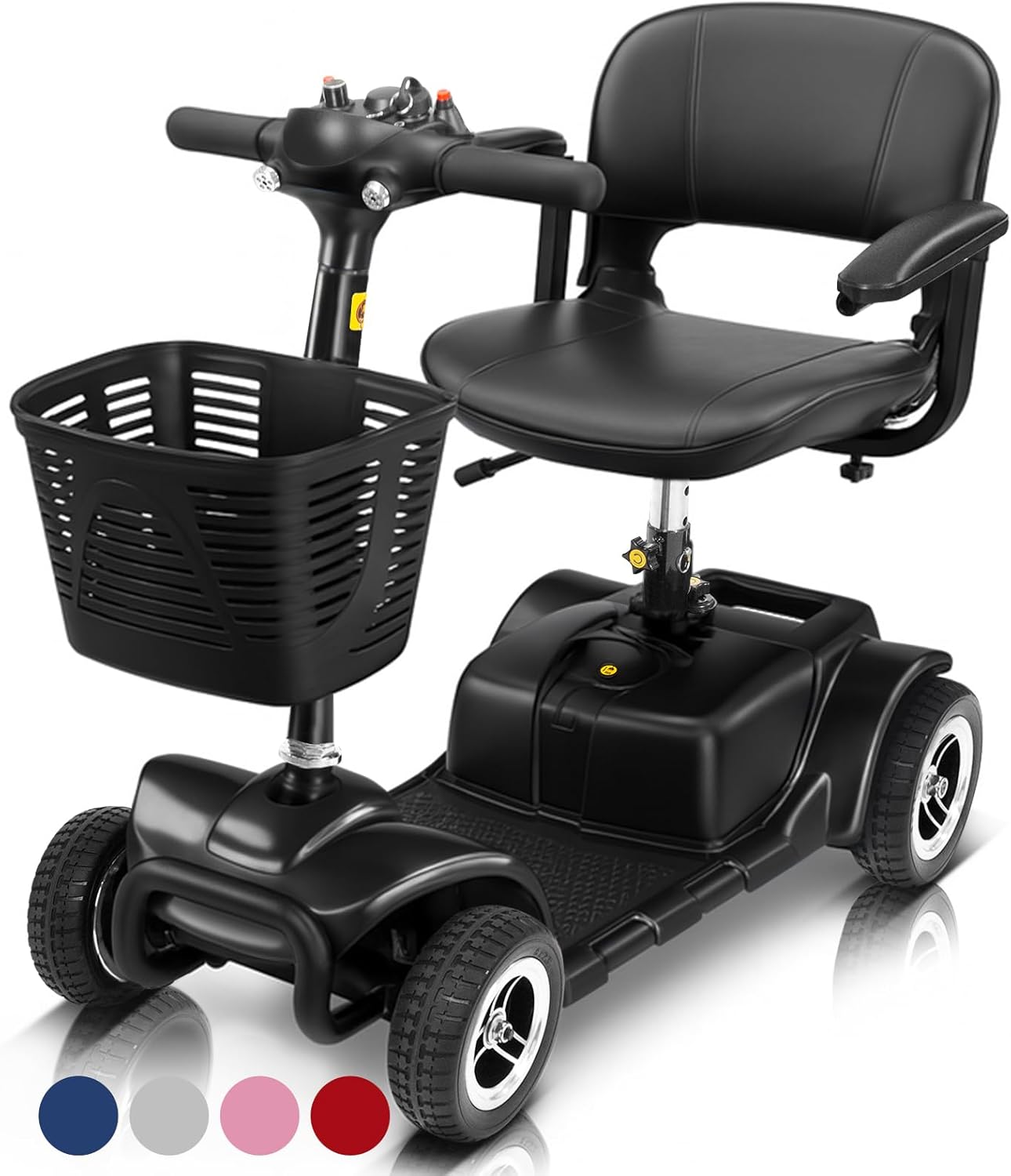 4 Wheel Mobility Scooter - Electric Powered Wheelchair Device - Compact Heavy Duty Mobile for Travel, Adults, Elderly - Long Range Power Extended Battery with Charger & Basket