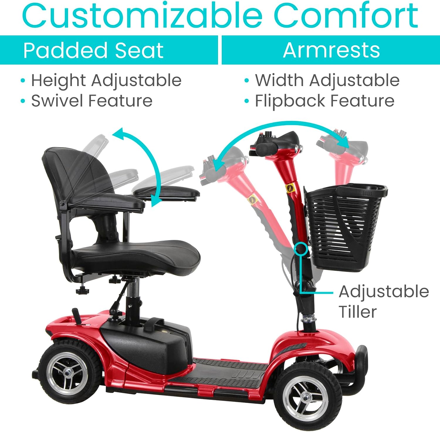 4 Wheel Mobility Scooter - Electric Powered Wheelchair Device - Compact Heavy Duty Mobile for Travel, Adults, Elderly - Long Range Power Extended Battery with Charger & Basket