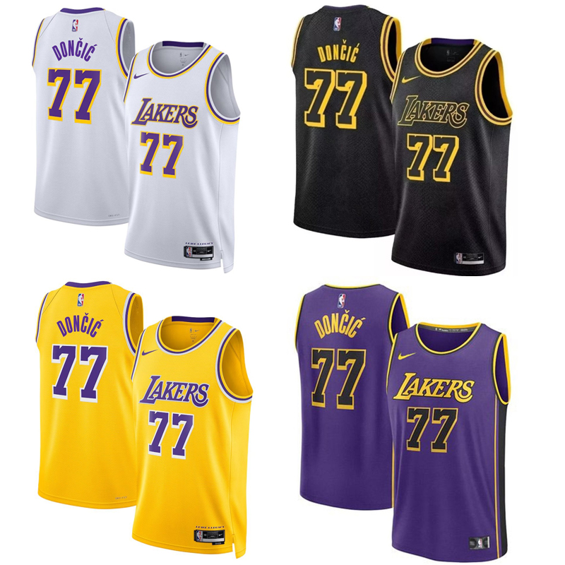 Unisex Los Angeles Lakers #77 Luka Doncic Player Icon Edition Jersey Black White Purple Yellow