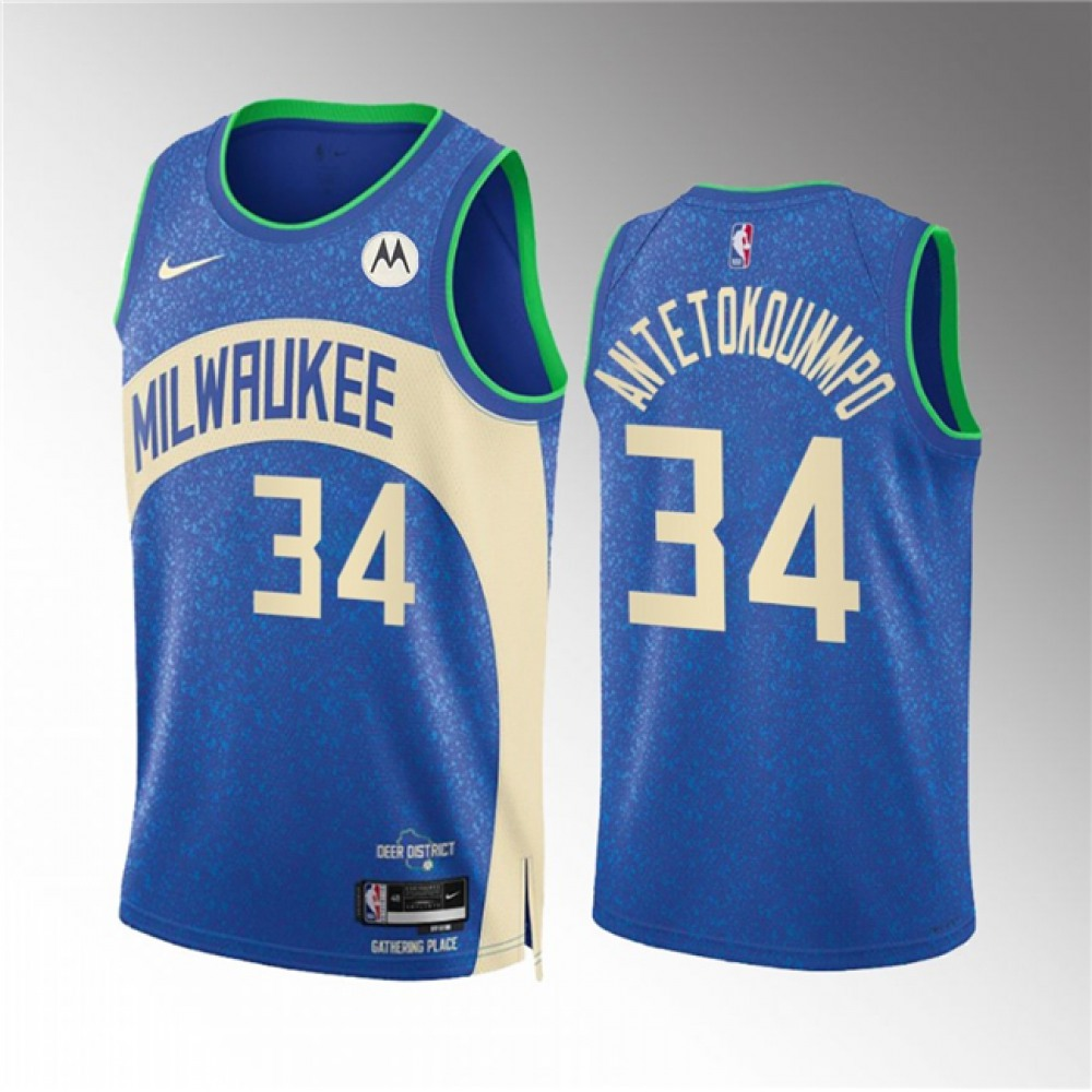 Unisex Milwaukee Bucks #34 Giannis Antetokounmpo 2023/24 Blue City Edition Stitched NBA Basketball Jersey