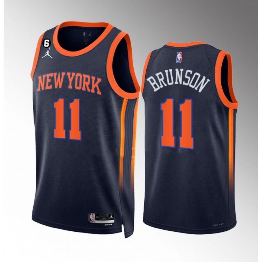 Unisex New York Knicks #11 Jalen Brunson Navy Statement Edition With NO.6 Patch Stitched NBA Basketball Jersey