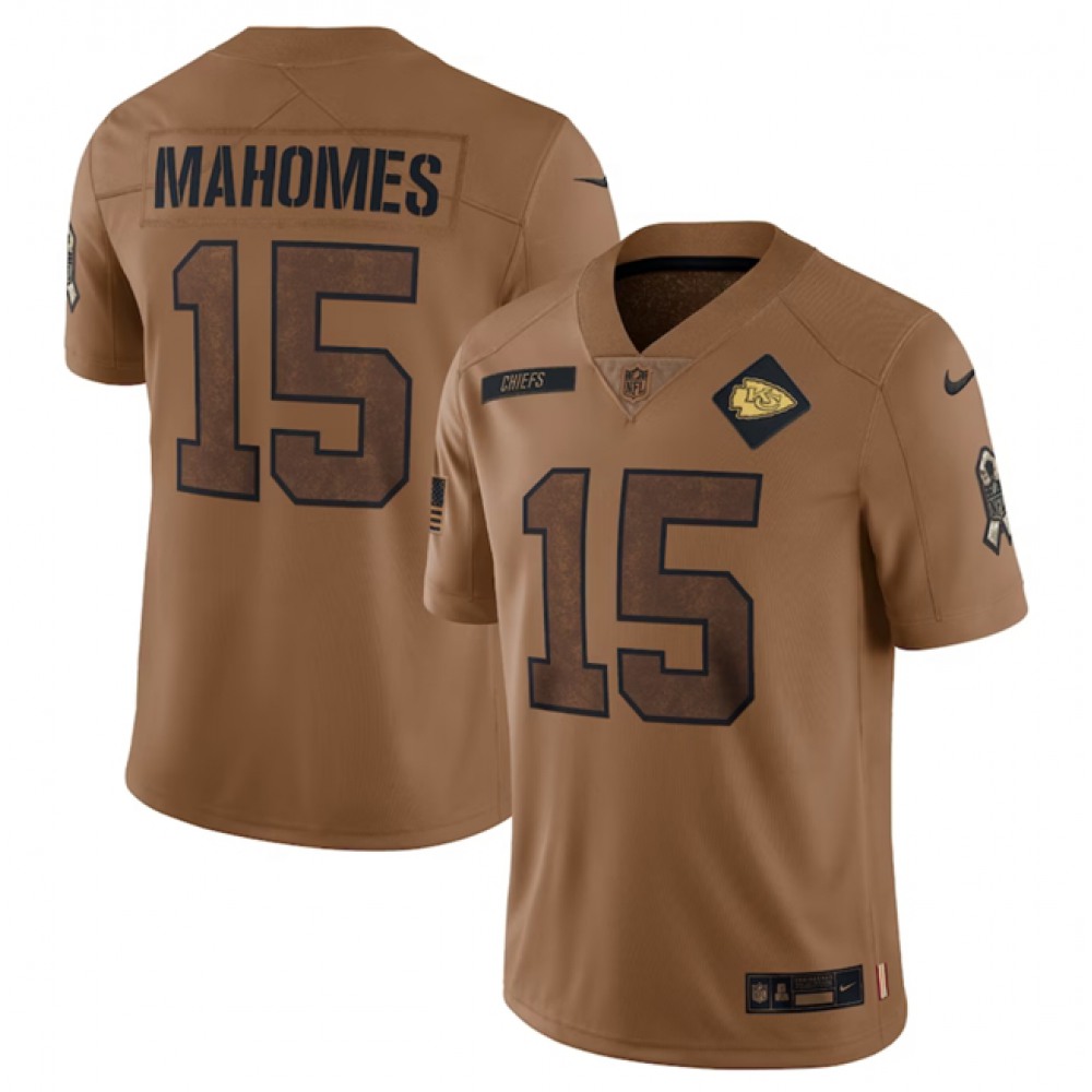 Men's Kansas City Chiefs #15 Patrick Mahomes 2023 Brown Salute To Service Limited Stitched NFL Jersey