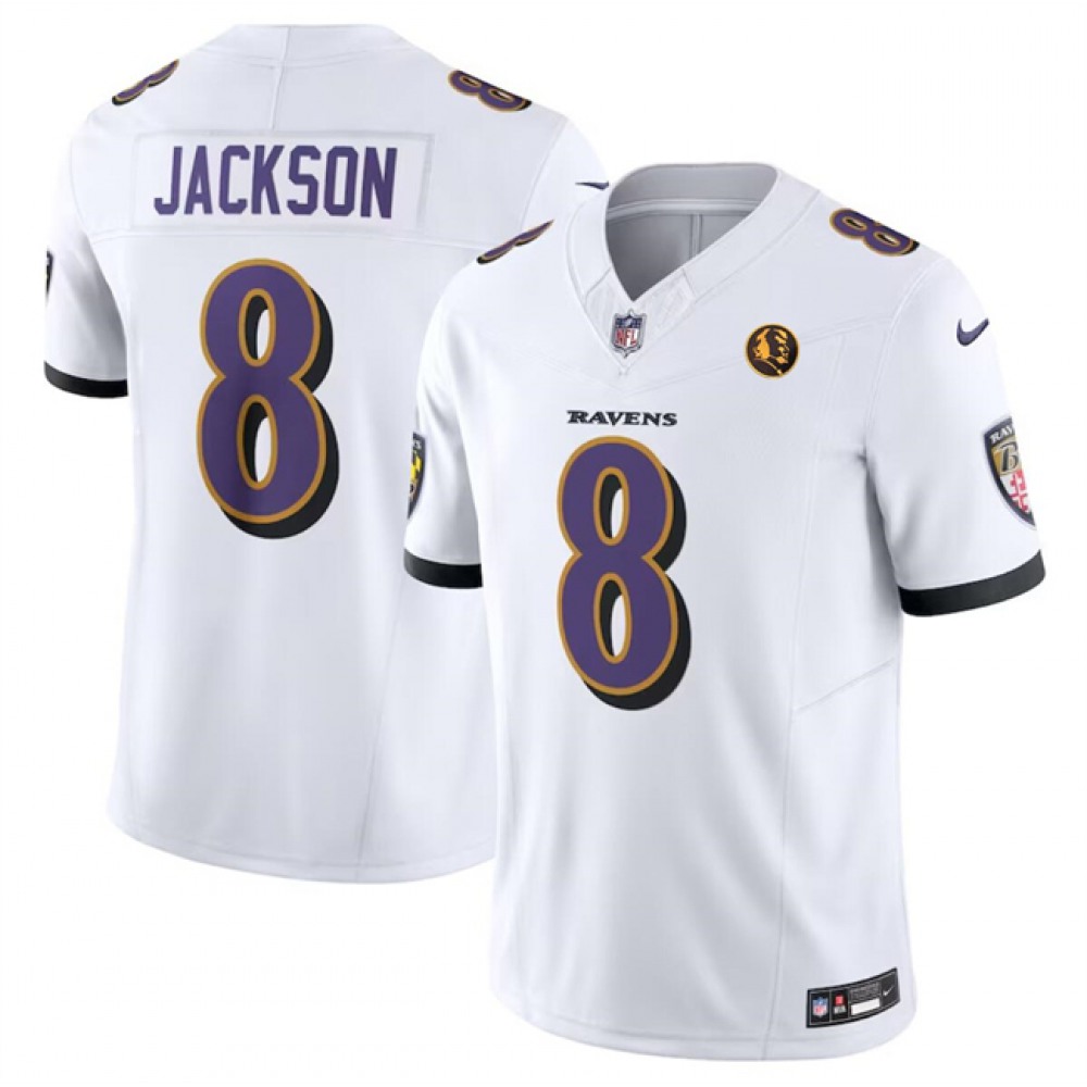 Men's Baltimore Ravens #8 Lamar Jackson White 2023 F.U.S.E. With John Madden Patch Vapor Limited Football NFL Jersey