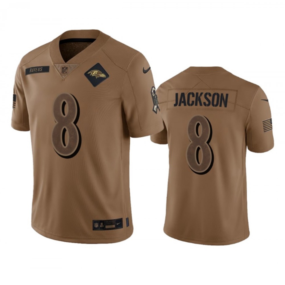 Men's Baltimore Ravens #8 Lamar Jackson 2023 Brown Salute To Service Limited NFL Jersey