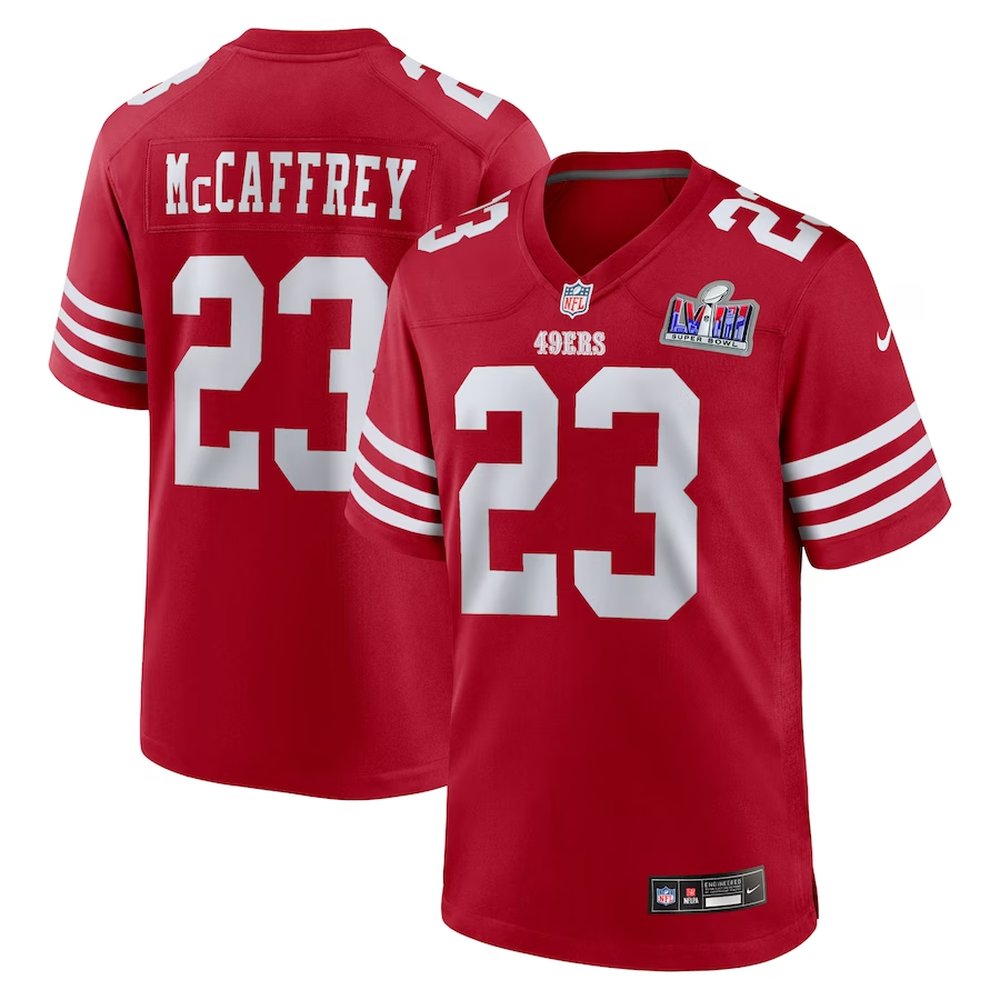 Men's San Francisco 49ers #23 Christian McCaffrey Scarlet Super Bowl LVIII Game NFL Jersey