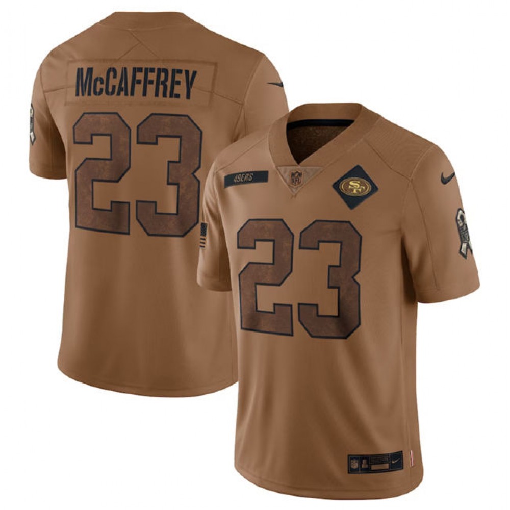 Men's San Francisco 49ers #23 Christian McCaffrey 2023 Brown Salute To Service Limited Stitched Football NFL Jersey