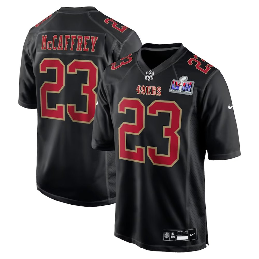 Men's San Francisco 49ers #23 Christian McCaffrey Black Super Bowl LVIII Carbon Fashion Game Player NFL Jersey