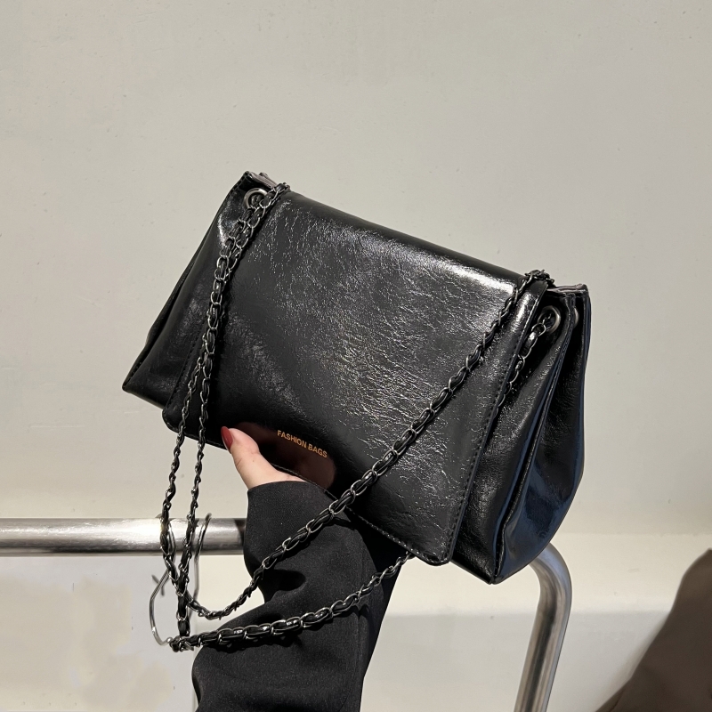 Oil Leather Flap Shoulder Bag, Letter Embossed Chain Crossbody Bag, Stylish Handbag For Women