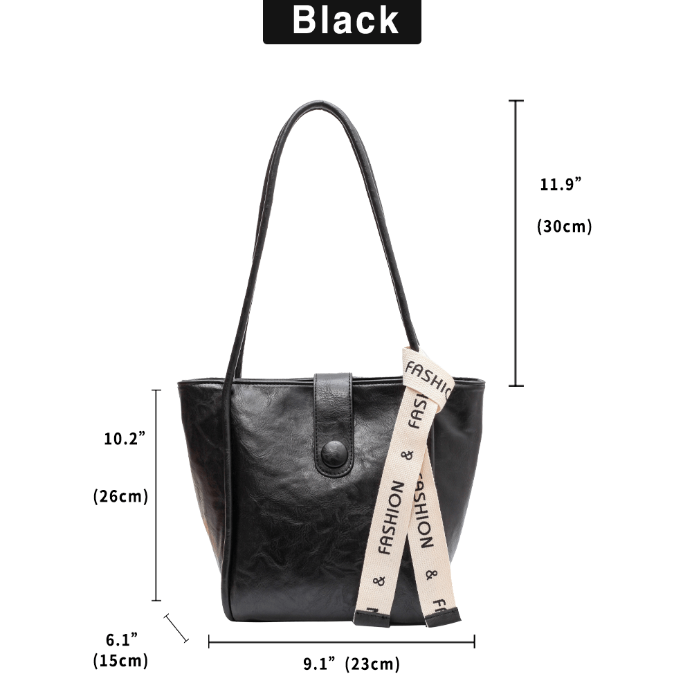 Vintage Faux Leather Bucket Bag, Zipper Shoulder Purse, Belt Decor Waterproof Tote Bag For Work