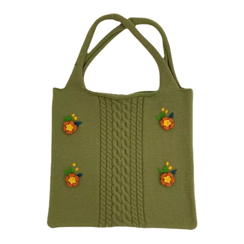 Embroidered Flower Decor Knit Bag, Large Capacity Woven Purse, Women's Shoulder Crochet Bag