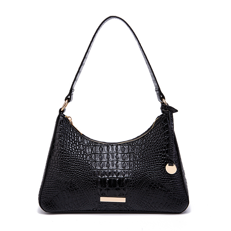 Crocodile Embossed Underarm Bag, Vintage Metal Decor Shoulder Bag, Women's Solid Color Zipper Purse