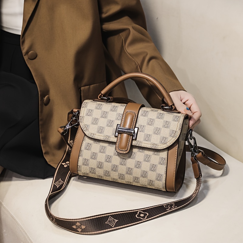 Plaid Pattern Flap Handbag, Fashion Buckle Decor Crossbody Bag, Women's PU Leather Top Handle Purse