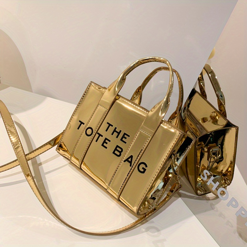 Trendy Glossy Tote Bag, Letter Print Crossbody Bag, Women's Top Handle Square Purse For Work & Daily Use
