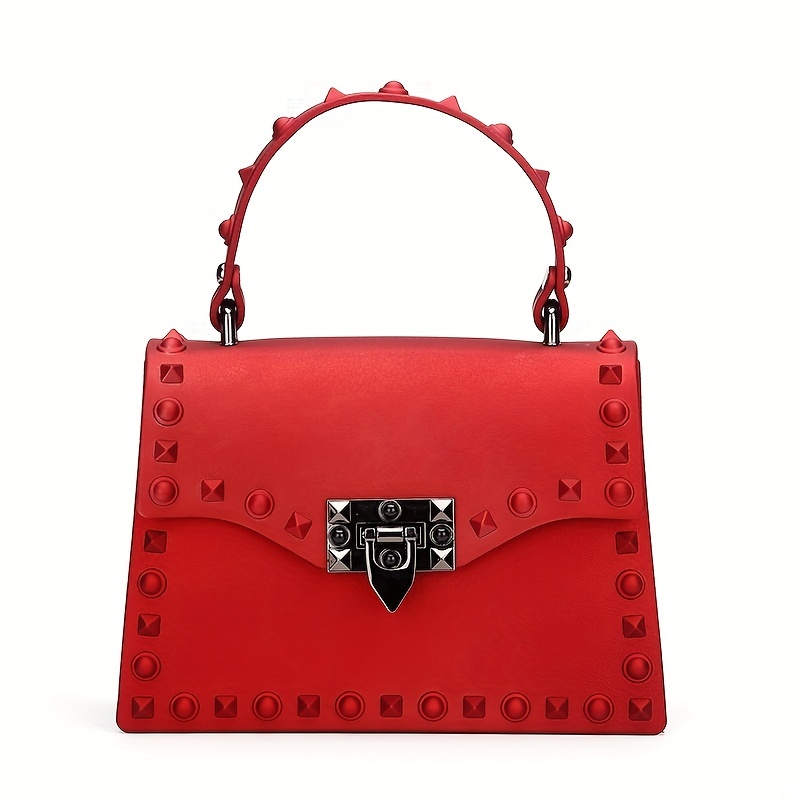 Fashion Studded Decor Handbags, Matte Solid Color Square Purse, Women's Buckle Decor Square Bag