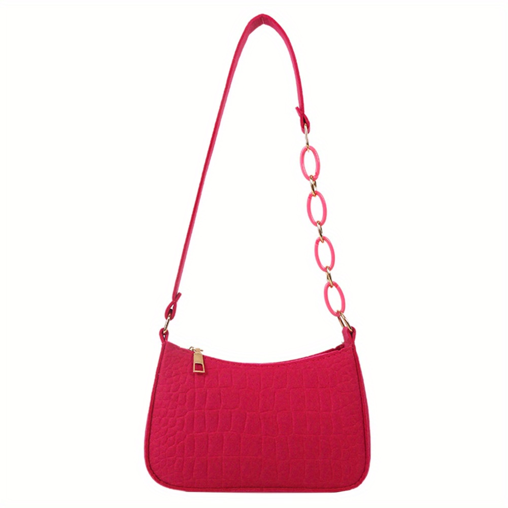 Crocodile Embossed Shoulder Bag, Fashion Chain Felt Purse, Women's Solid Color Handbag