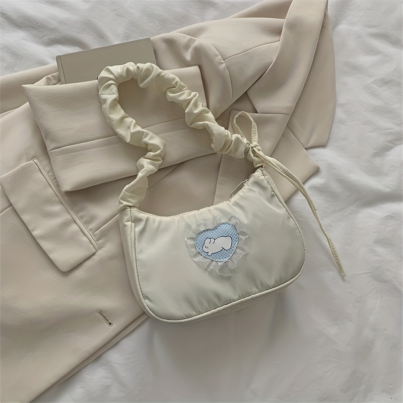 Kawaii Ruched Baguette Bag, Love Bunny Decor Shoulder Bag, Women's Canvas Zipper Purse