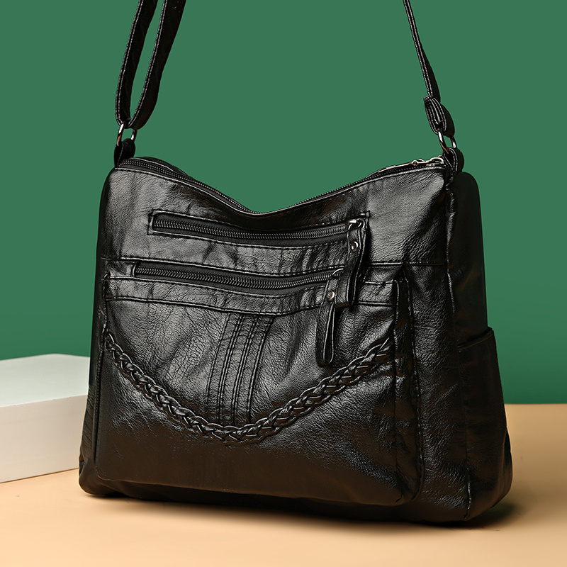 Braided Decor Multi Zipper Shoulder Bag, Solid Color Crossbody Bag With Adjustable Strap For Women