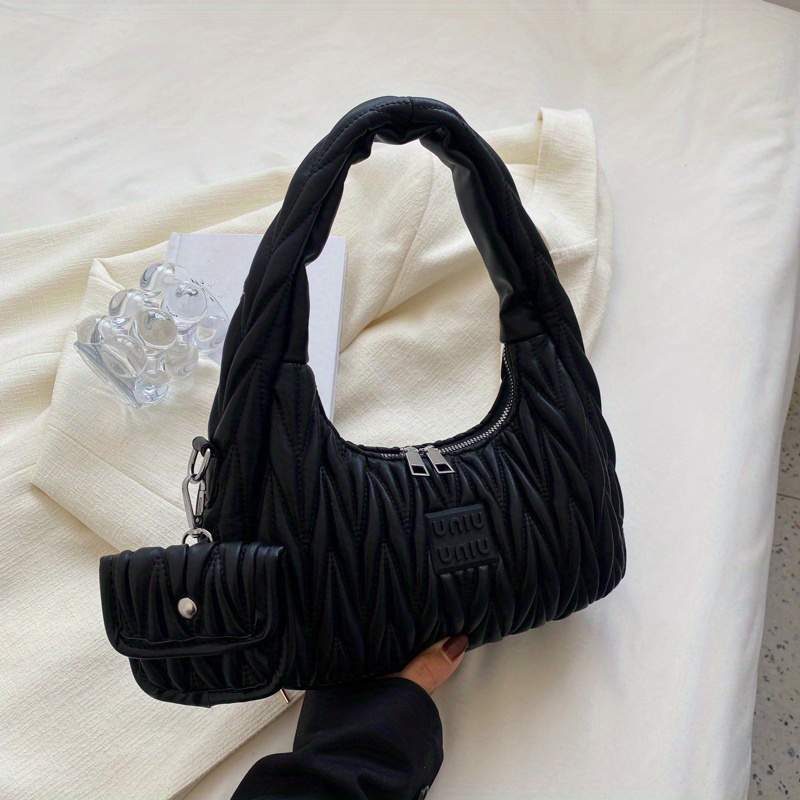 Ruched Quilted Hobo Bag, Trendy Solid Color Shoulder Bag, Women's Simpler Handbags With Coin Purses