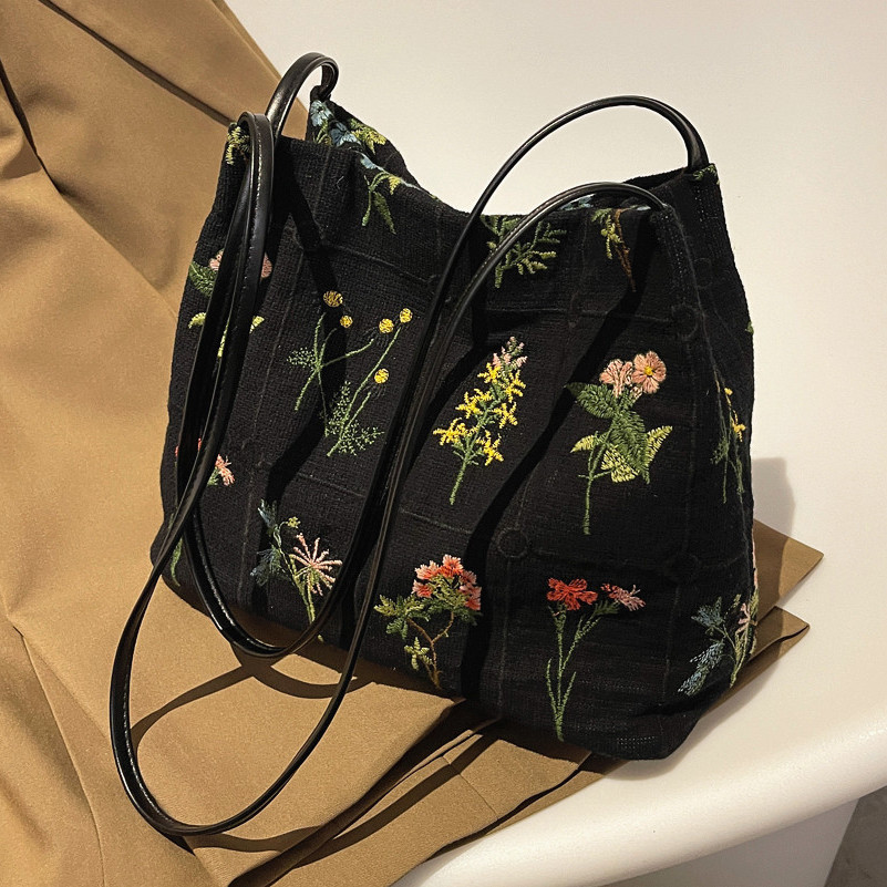 Floral Embroidery Shoulder Bag, Women's Canvas Bucket Bag, Casual Daily Handbag