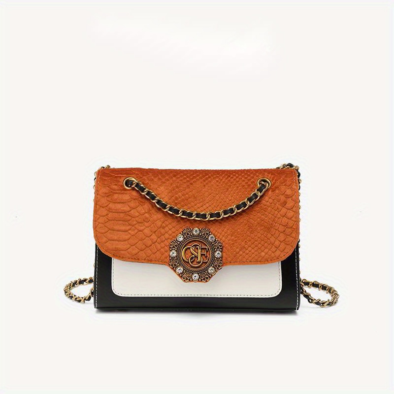 Snakeskin Pattern Crossbody Bag, Vintage Chain Shoulder Bag, Small Metal Decor Square Purses