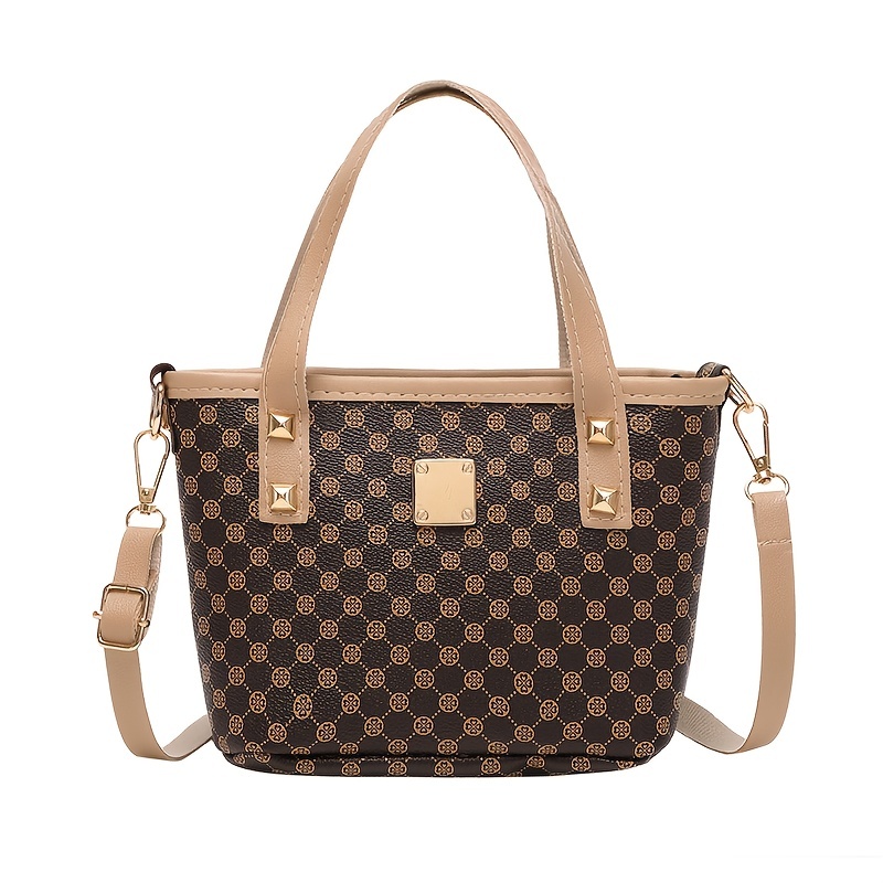 Geometric Pattern Shoulder Bucket Bag, Studded Decor Crossbody Bag, Women's Top Handle Purse