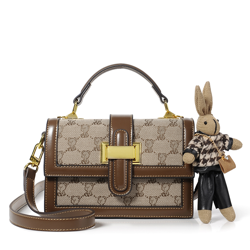 Bear Print Flap Shoulder Bag, Women's Buckle Decor Crossbody Bag, Fashion Top Handle Purse With Bag Charm