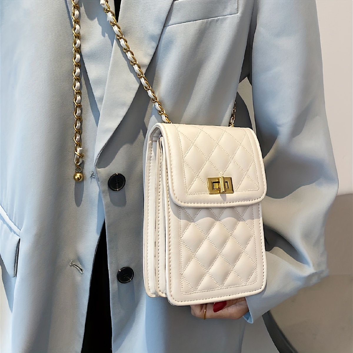 Argyle Embroidery Phone Bag, Trendy Chain Crossbody Bag, Women's Mini PU Flap Purse