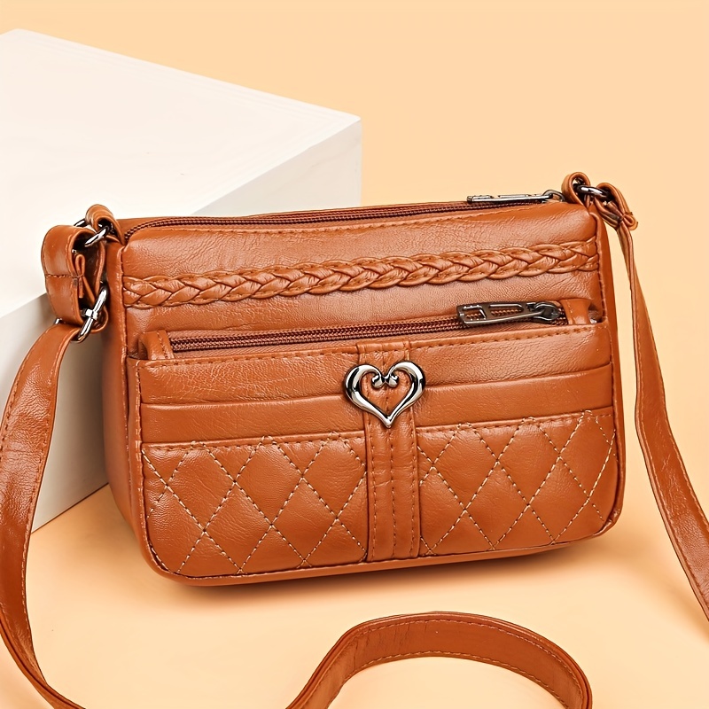 Mini Quilted Crossbody Bag, Heart Decor Shoulder Bag, Women's PU Leather Multi Pocket Purse (7.87*5.11*3.93) Inch