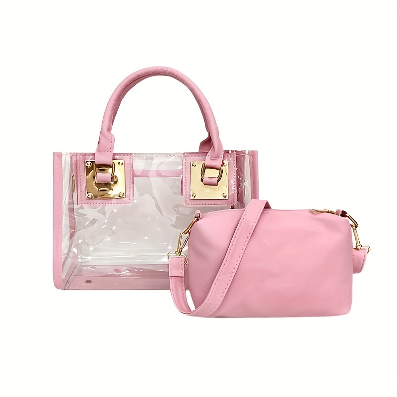 2Pcs Clear Bag Set For Women, Trendy PVC Tote Bag With Inner Pouch, Zipper Crossbody Purse