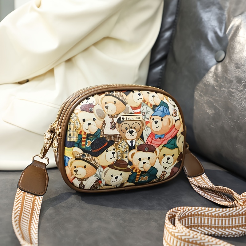Cartoon Bear Graphic Shoulder Bag, Small Zipper Crossbody Purse With Wide Strap, Cute Camera Bag For Phone & Coin