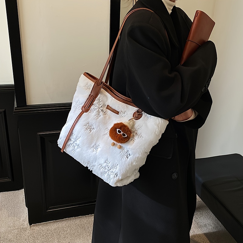 Sequin Snowflake Decor Plush Tote Bag, Women's Niche Design Shoulder Bag, Fashion Handbag With Pompom Ball