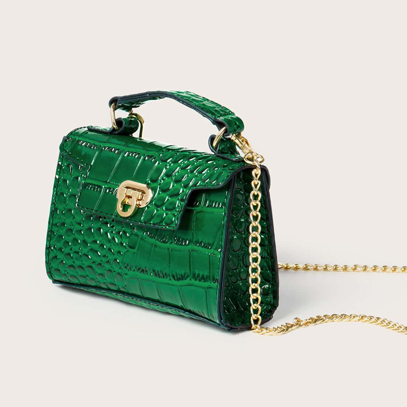 Croc Embossed Shoulder Bag, Solid Color Crossbody Bag With Chain Strap, Women's Buckle Decor Top Handle Purse