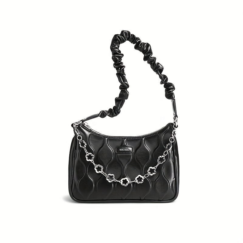 TOUTOU Wave Embossed Shoulder Bag, Women's Chain Decor Handbags, Ruched Strap Underarm Purses