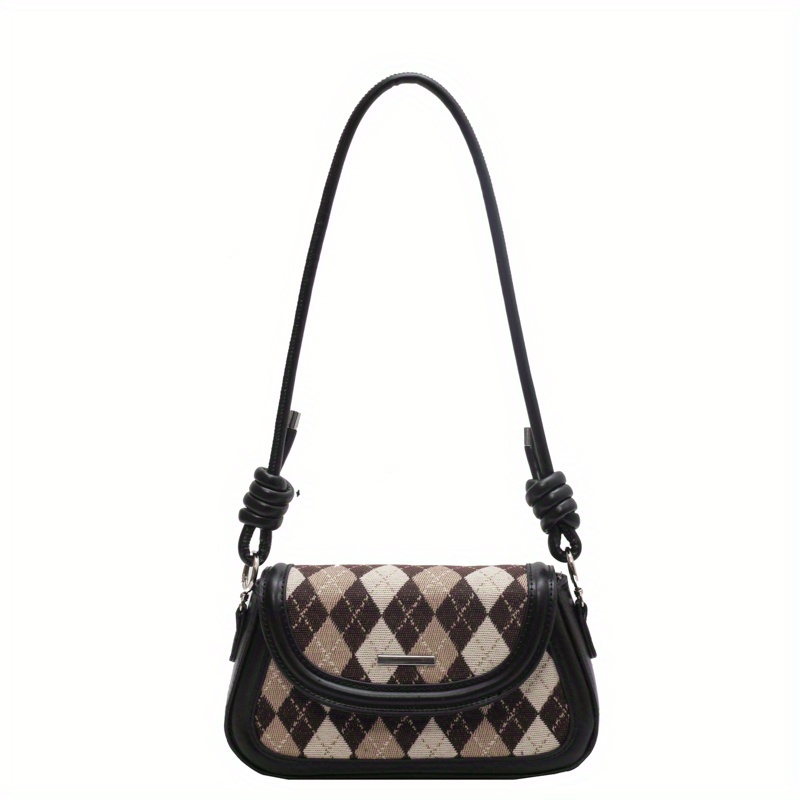 Argyle Pattern Crossbody Bag, Knotted Strap Shoulder Bag, Women's Stitching Flap Purse