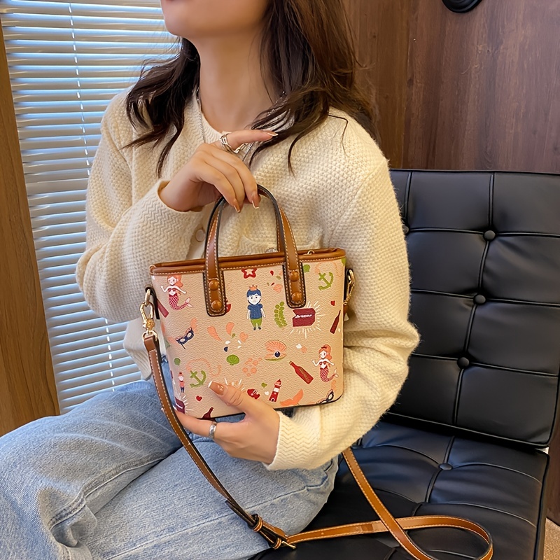 Cartoon Pattern Hand Bucket Bag, Stylish Zipper Shoulder Bag, Casual Crossbody Purse For Women