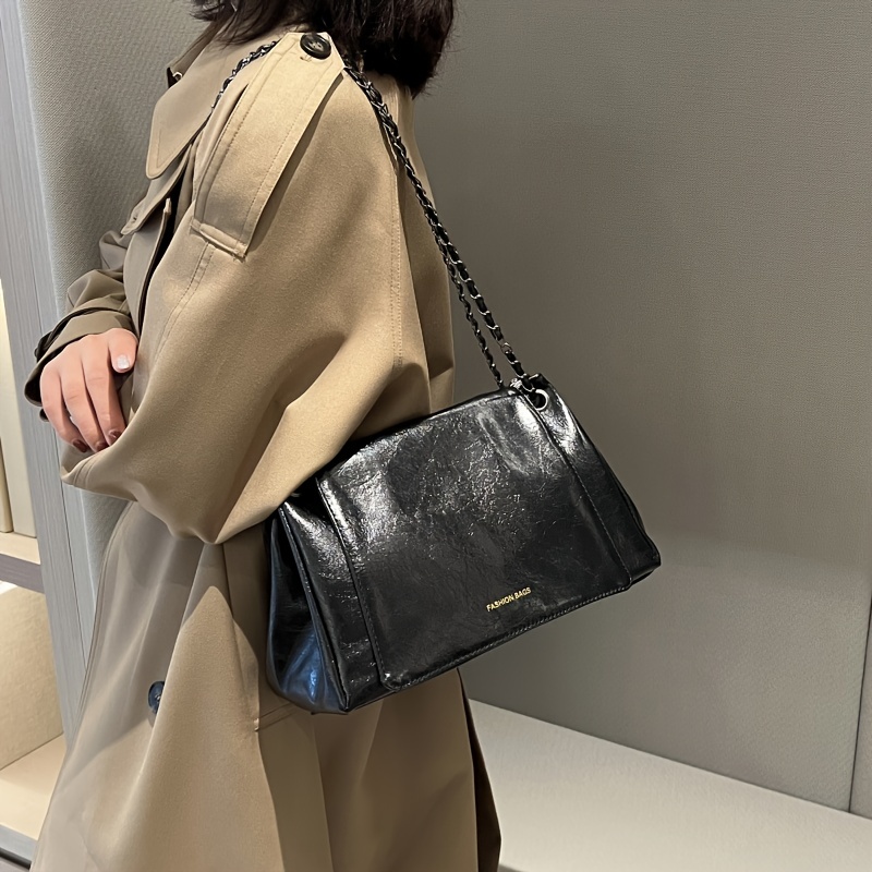 Oil Leather Flap Shoulder Bag, Letter Embossed Chain Crossbody Bag, Stylish Handbag For Women