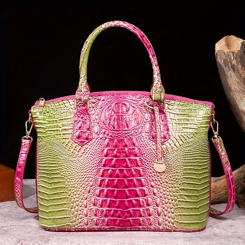 Ombre Crocodile Pattern Handbag, Women's Leather Shoulder Bag, Vintage Top Handle Purse