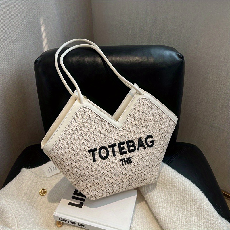 Trendy Woven Tote Bag, Letter Graphic Straw Tote Bag, Shoulder Bag, Shopping Beach Toto Bag