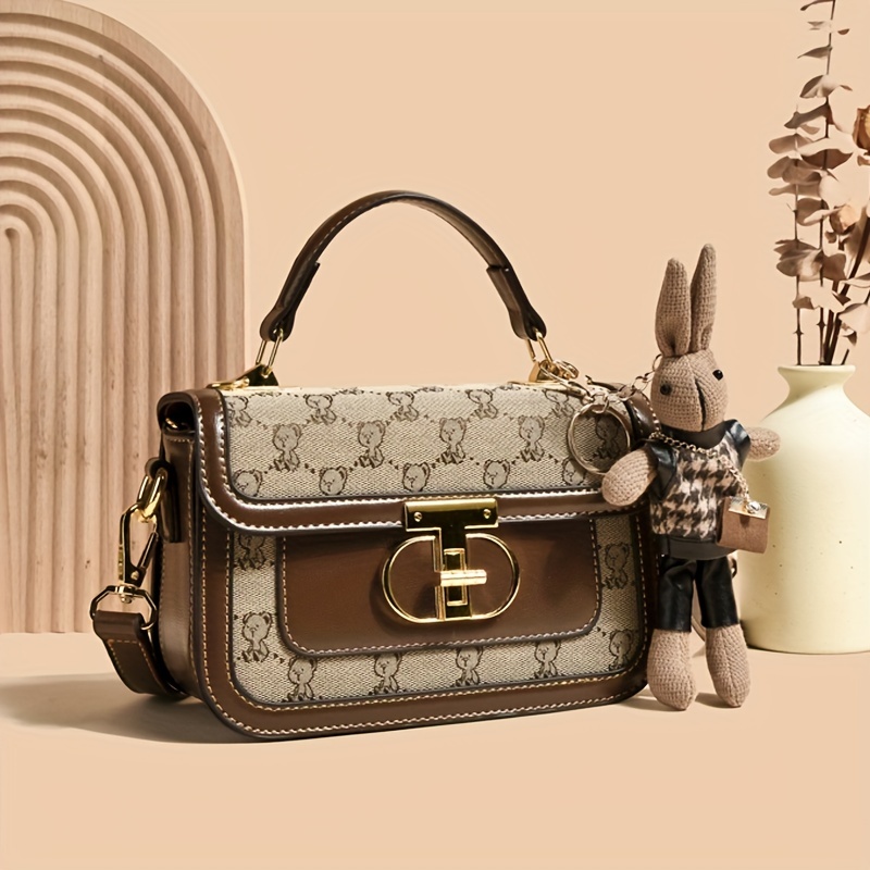 Bear Print Handbags For Women, Vintage Turn Lock Crossbody Bag, Small Top Handle Flap Purses
