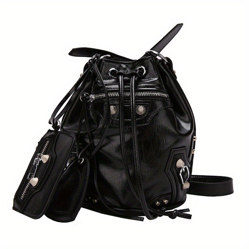 Punk Style CrossBody Bags With Coin Purse, Studded Decor Bucket Bag, Y2K PU Motorcycle Shoulder Bag