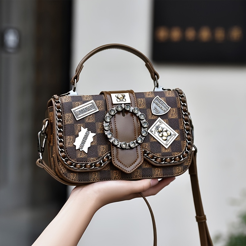 Plaid Pattern Handbag With Metal Badge, Vintage Chain Decor Shoulder Bag, Women's Flap Purse