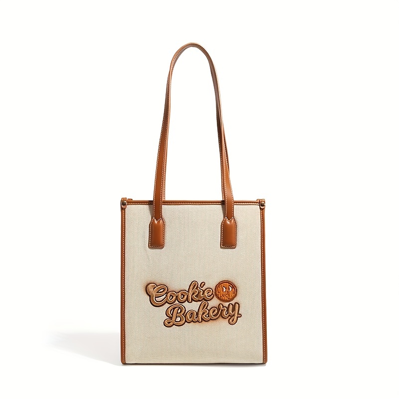 Cookie Embroidery Canvas Handbag, Small Square Shoulder Bag, Cute Underarm Purse For Women