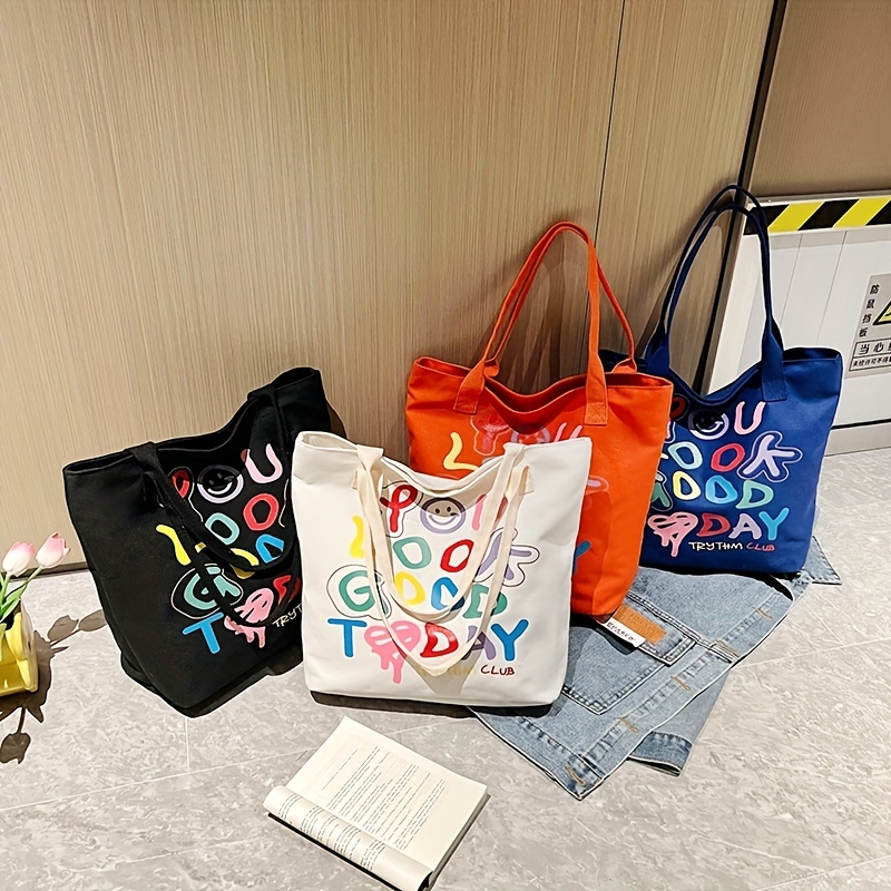 Graffiti Letters Tote Bag, Trendy Canvas Handbag For Women, Large Capacity Shoulder Bag For Work School