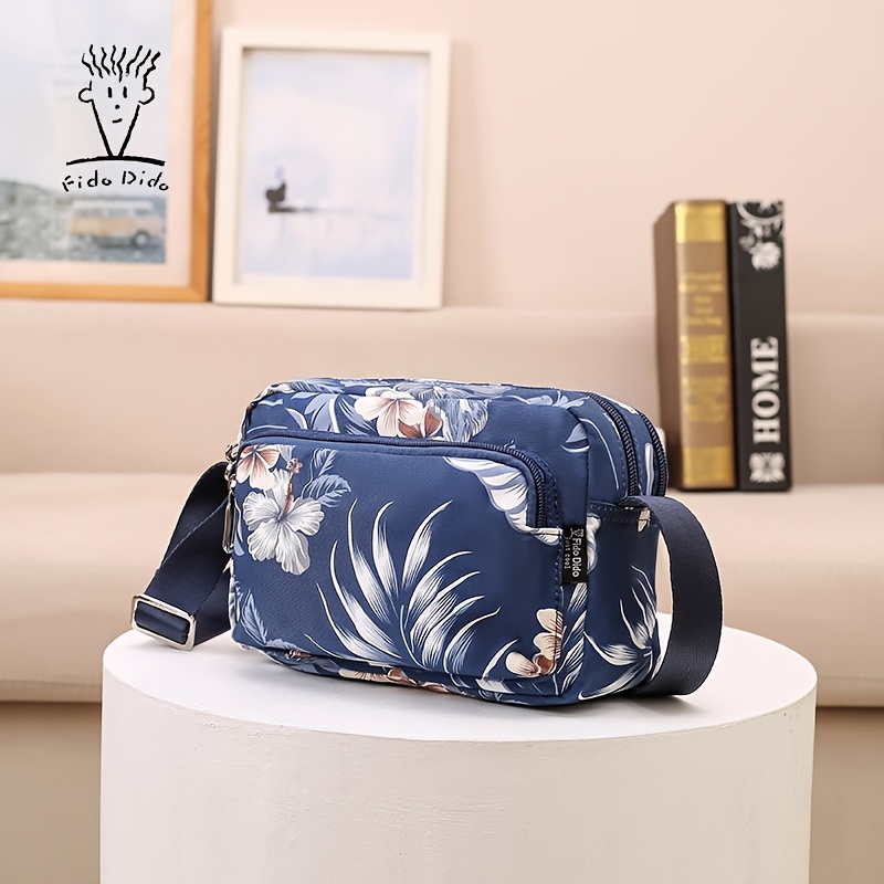 Fashion Nylon Shoulder Bag, Women's Floral Pattern Zipper Crossbody Bag