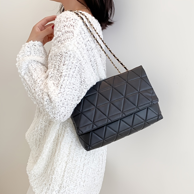 Argyle Quilted Shoulder Bag, Women's Solid Color Flap Purse, Stylish Chain Crossbody Bag