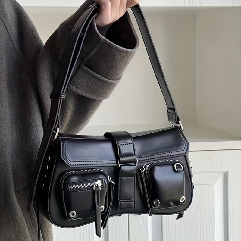 Y2K Solid Color Baguette Bag, Pocket Front Motorcycle Bag, Drawstring Detail Underarm Purse For Girls