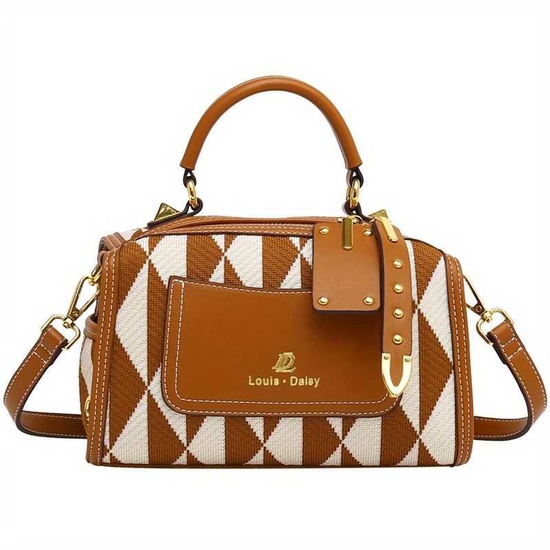 Khaki Argyle Geometric Pattern Color Block Shoulder Bag, Zipper Portable Handle Crossbody Bag, Large Capacity Elegant Handbag